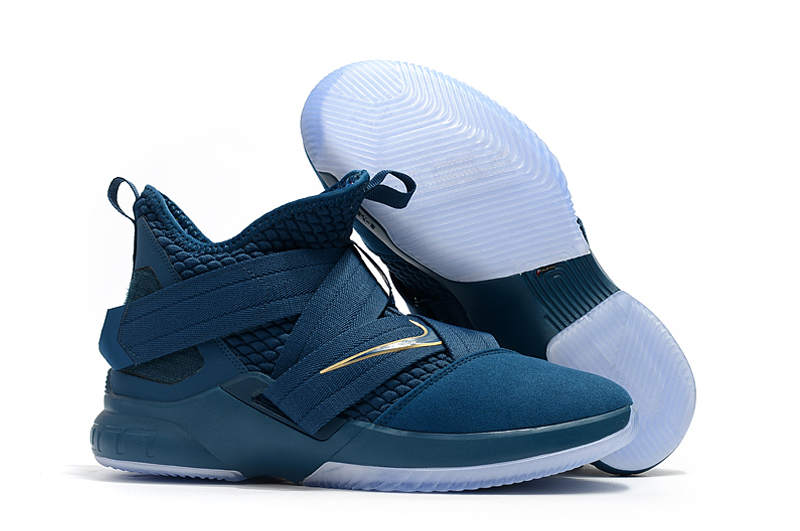 Women Nike Lebron Soldier 12 Sea Blue Gold Gold Shoes